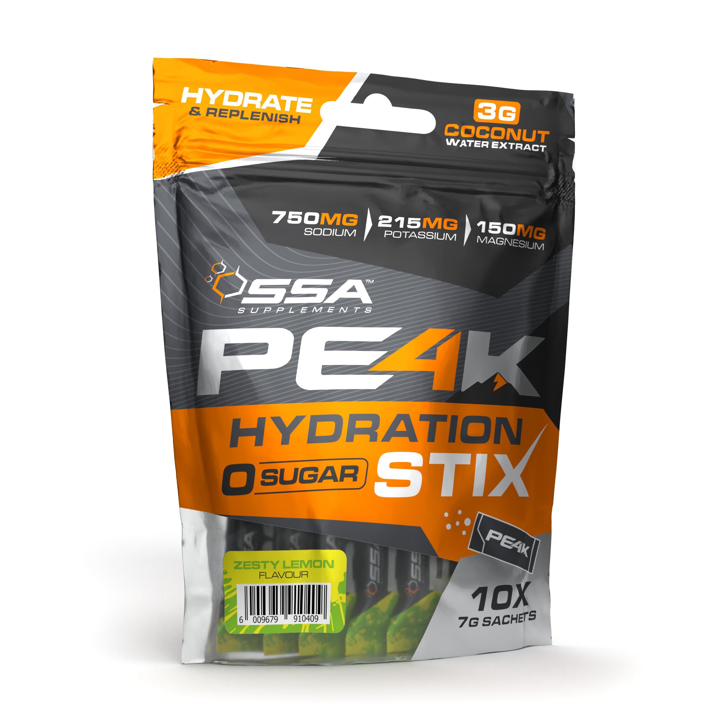 A package of SSA Supplements' Pe4k Hydration Stix with 10 servings. The packaging is predominantly black and orange, and it mentions 3g of coconut water extract per serving.